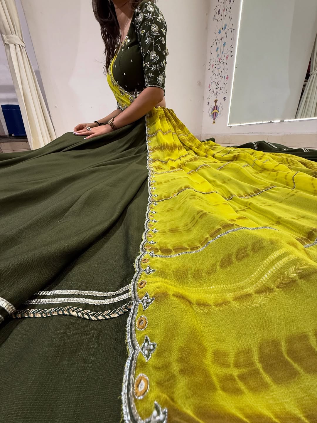 Olive Green Mirror Work Sunshine Garba Lehenga