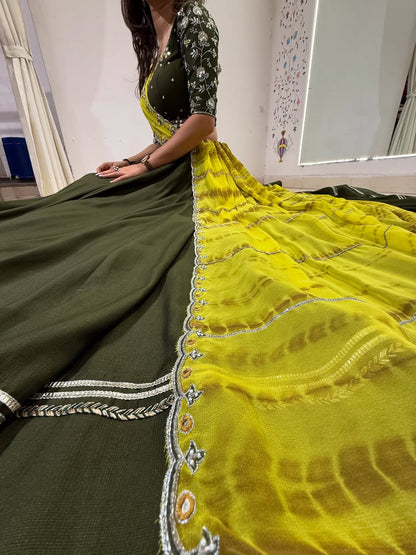 Olive Green Mirror Work Sunshine Garba Lehenga