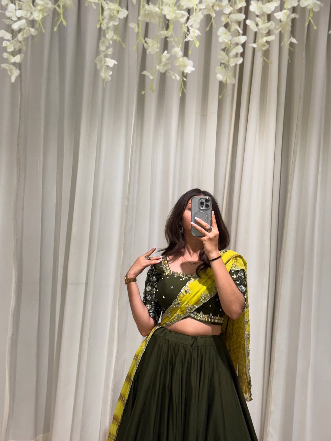 Olive Green Mirror Work Sunshine Garba Lehenga