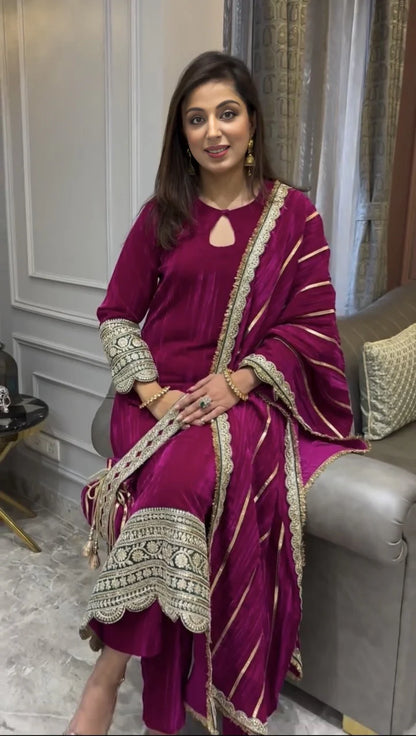 Royal Velvet Magenta Ensemble with Intricate Golden Embroidery