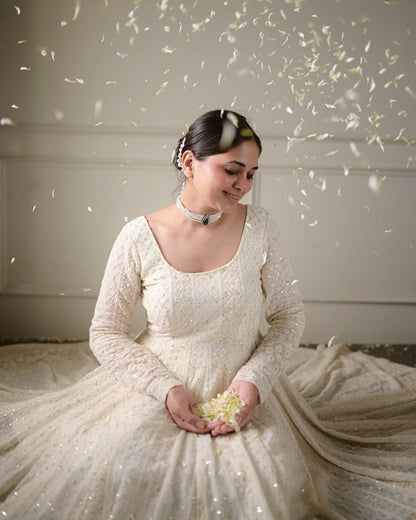 LAKHNAWI WHITE EMBROIDERED GEORGETTE ANARKALI SUIT SET