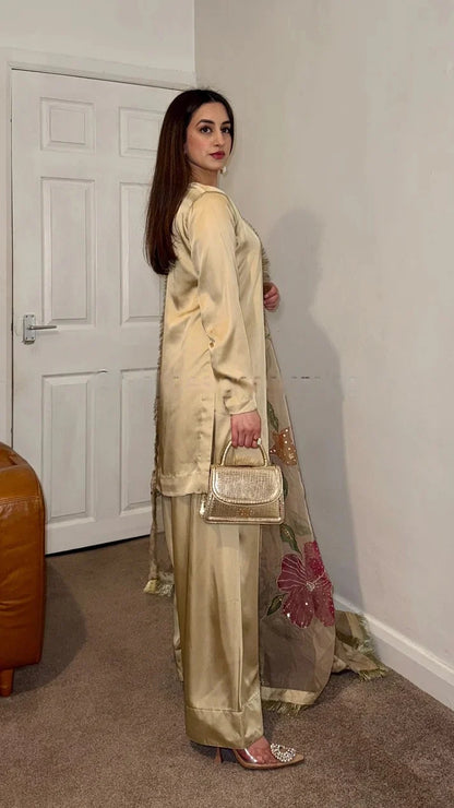 Shahi Sunehri Gold Designer Party Wear Look top with farshi plazzo Suit