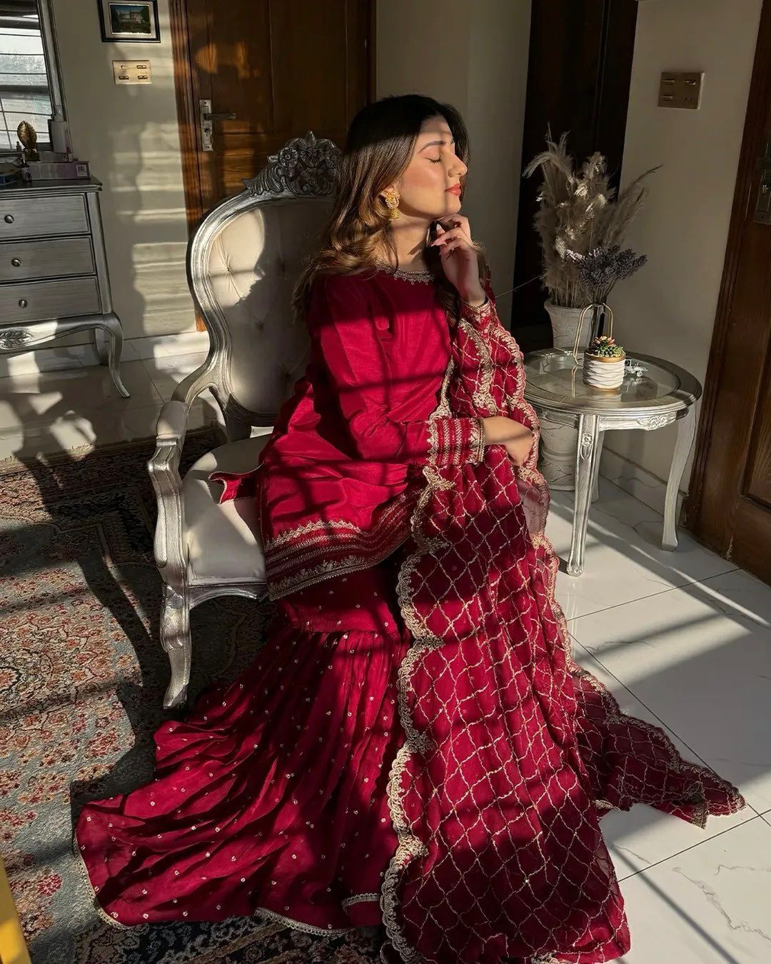 Rich Maroon Sharara Set With Embroidered  Dupatta