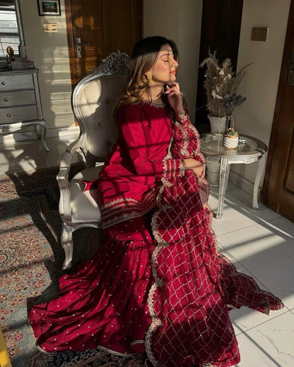 Rich Maroon Sharara Set With Embroidered  Dupatta