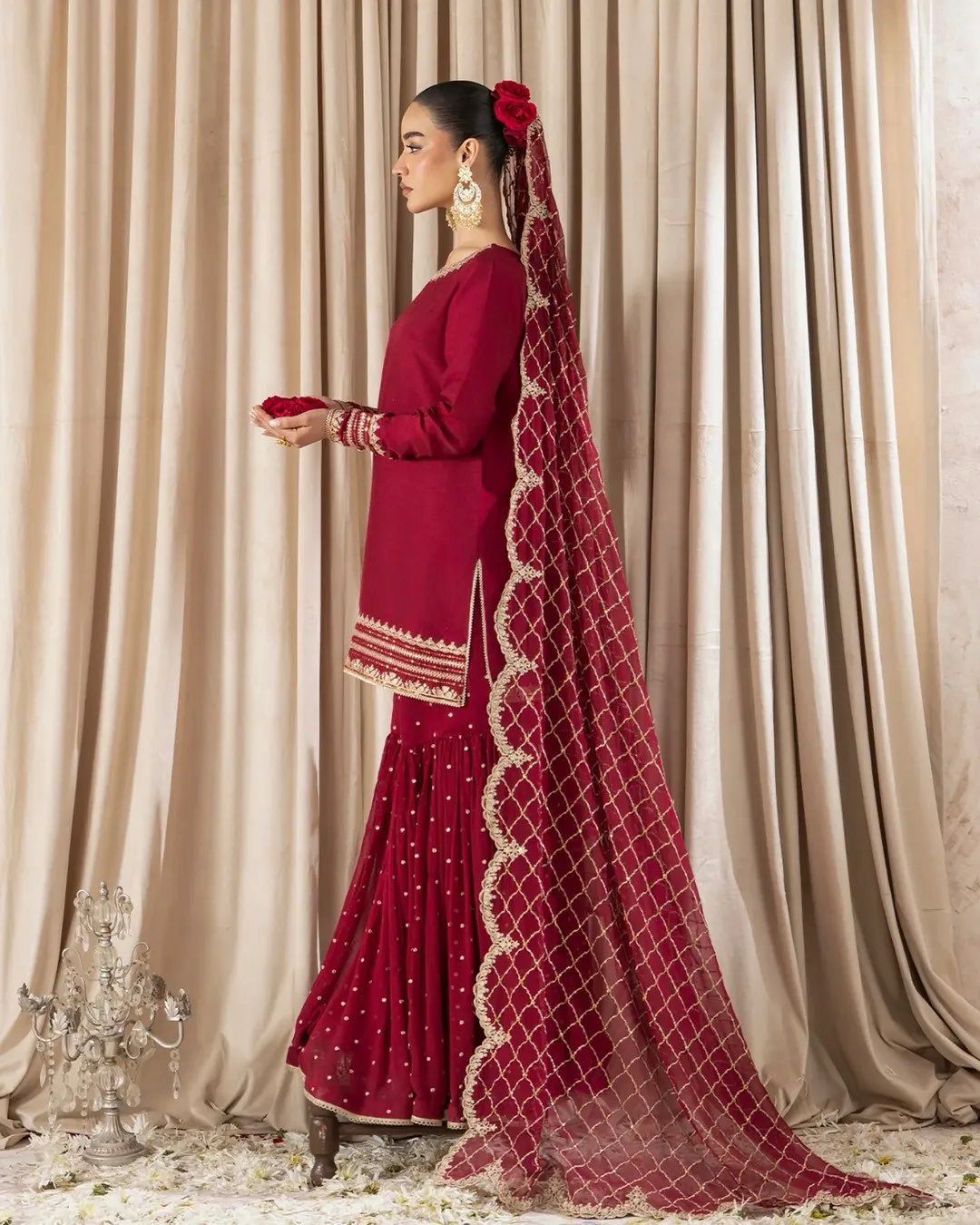 Rich Maroon Sharara Set With Embroidered  Dupatta