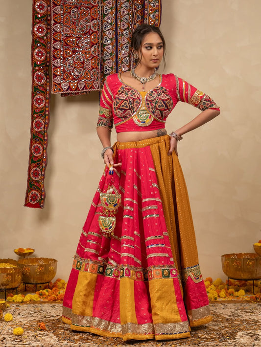 Kesariya Raas Muslin Cotton Mirror Work Navratri Lehenga set