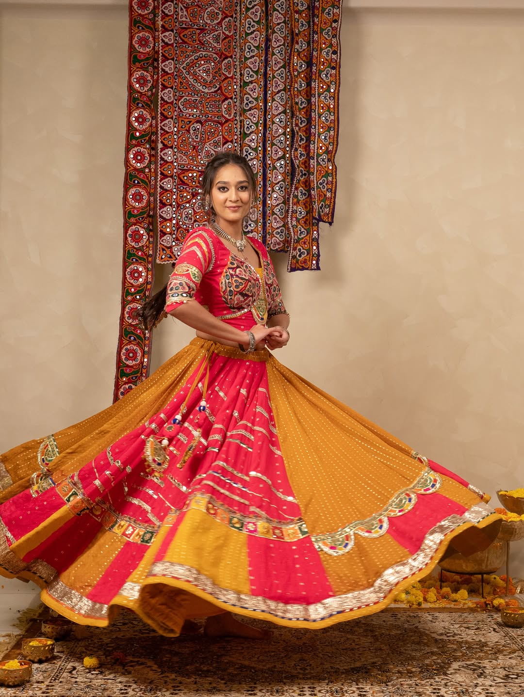 Kesariya Raas Muslin Cotton Mirror Work Navratri Lehenga set