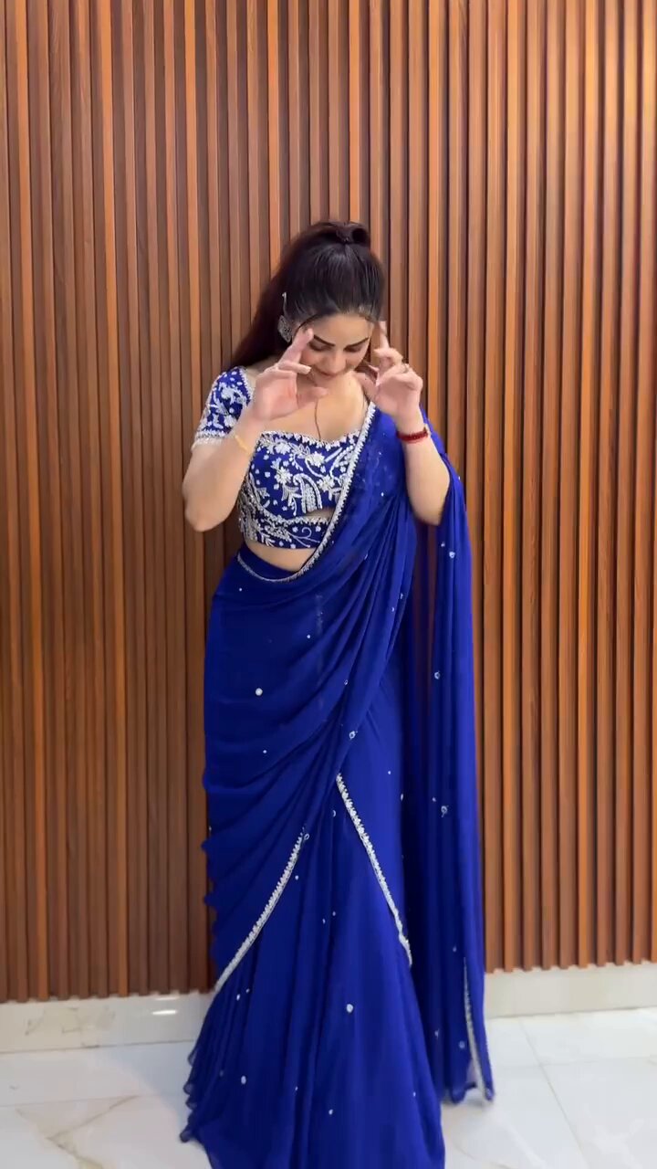 Glamorous Royal Blue Designer  Embroidered Lehenga Saree