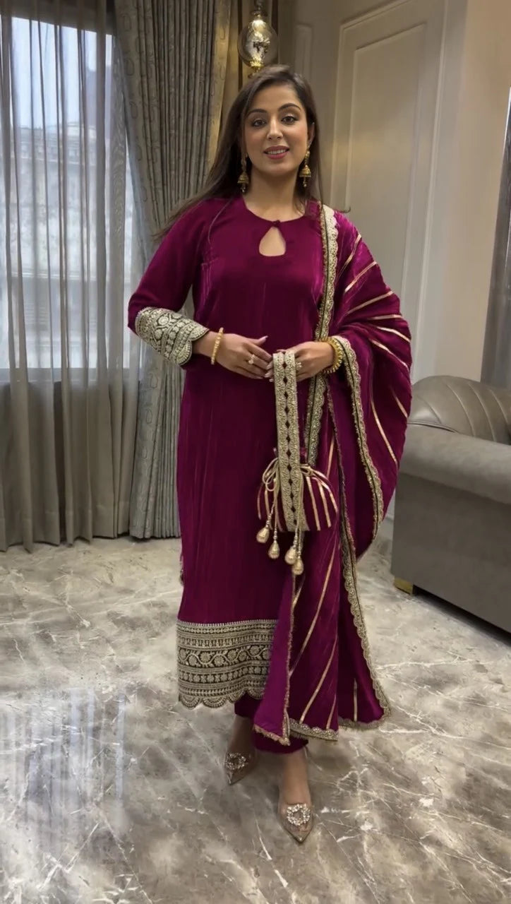 Royal Velvet Magenta Ensemble with Intricate Golden Embroidery