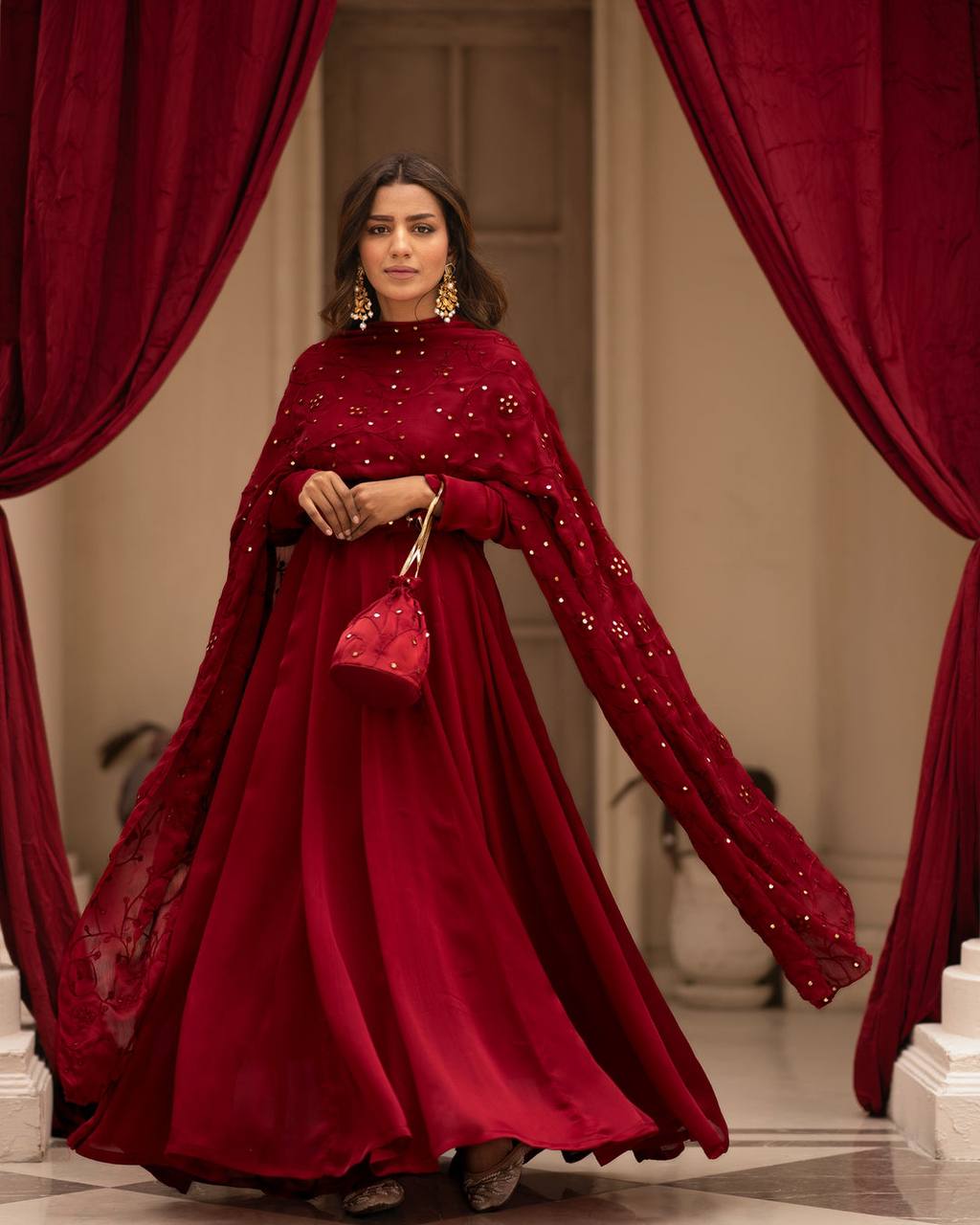 Glamorous Maroon Roman Cotton Anarkali Suit Set