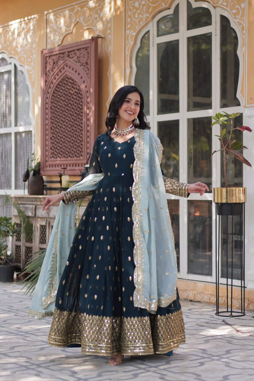 Navy Blue Anarkali Set with Golden Embroidery and Pastel Dupatta