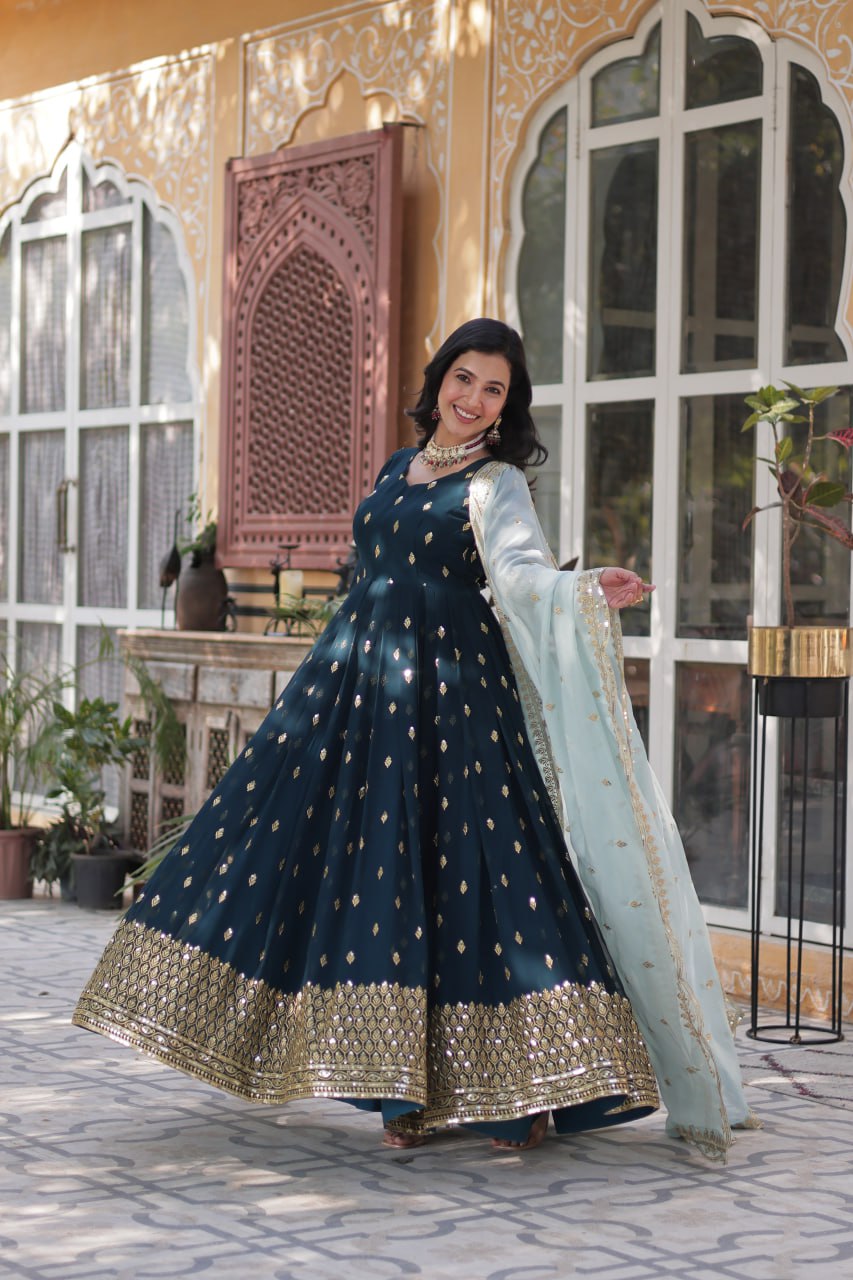 Navy Blue Anarkali Set with Golden Embroidery and Pastel Dupatta