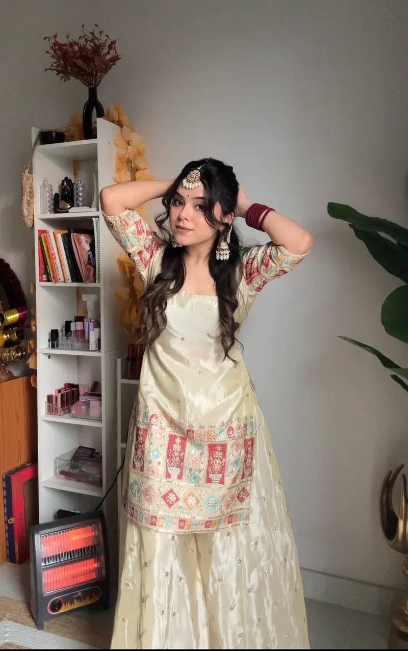 Tissue  Heavy Work Off White Sharara Set