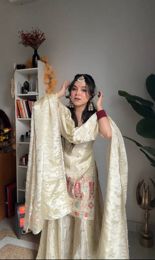 Tissue  Heavy Work Off White Sharara Set