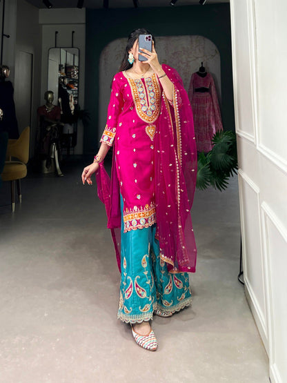 Fuchsia Kurta Set with Intricate Embroidery and Turquoise Palazzo