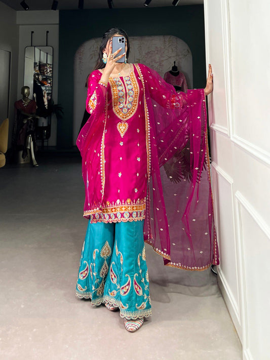 Fuchsia Kurta Set with Intricate Embroidery and Turquoise Palazzo