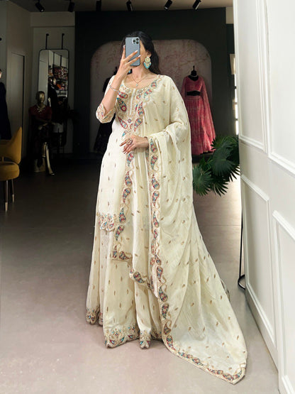 Graceful Ivory Embroidered Anarkali with Flowing Dupatta