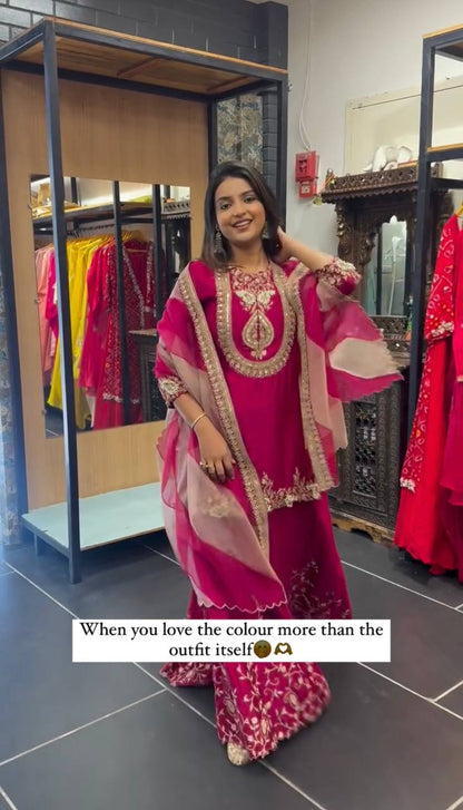 Rosé Reverie Heavy Faux Georgette Embroidered Top & Plazzo Set with Lace Dupatta