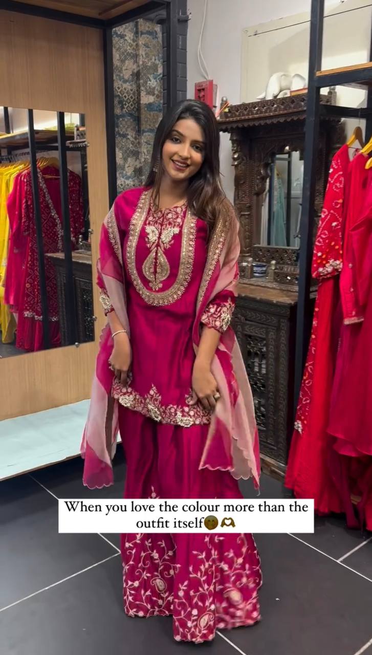 Rosé Reverie Heavy Faux Georgette Embroidered Top & Plazzo Set with Lace Dupatta