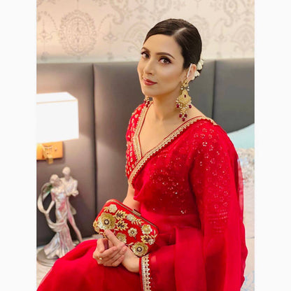 Woven Bollywood Art Red Silk Saree
