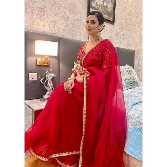 Woven Bollywood Art Red Silk Saree