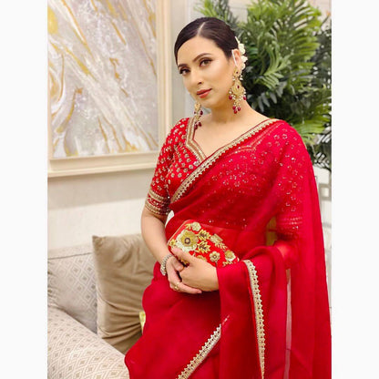 Woven Bollywood Art Red Silk Saree