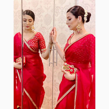 Woven Bollywood Art Red Silk Saree