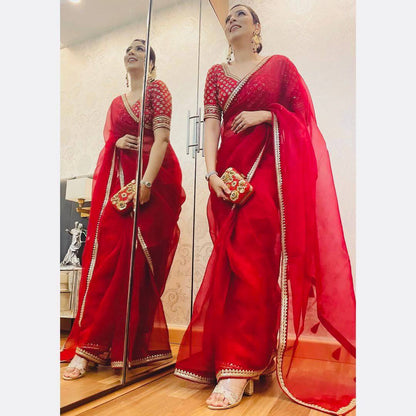 Woven Bollywood Art Red Silk Saree