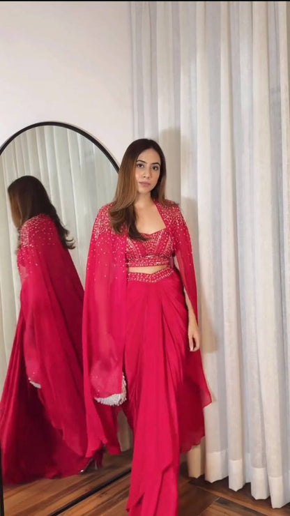 Dreamweaver Silky Lehenga Set with Embellished Cape and Blouse