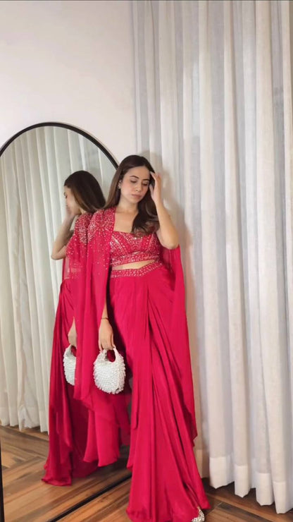 Dreamweaver Silky Lehenga Set with Embellished Cape and Blouse