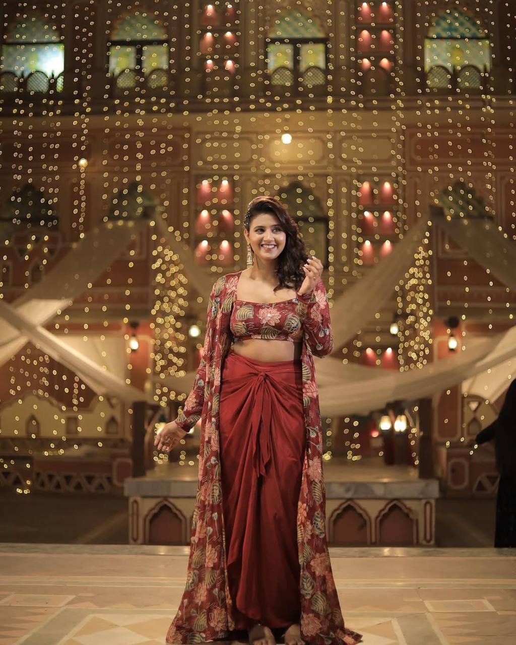 Anjali Red Draped Saree with Floral Jacket