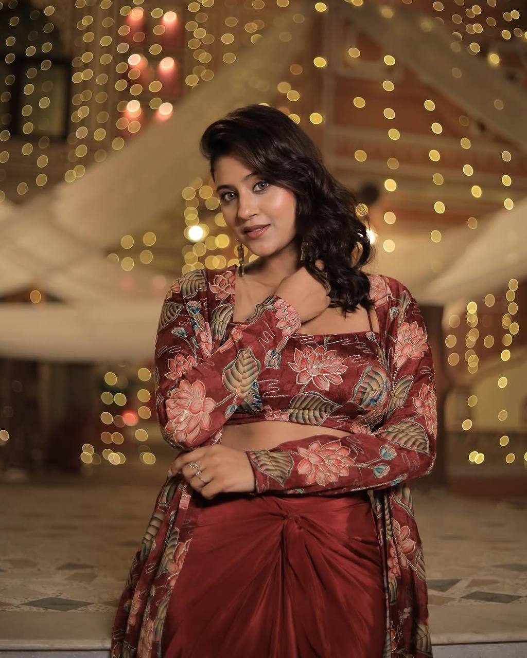 Anjali Red Draped Saree with Floral Jacket
