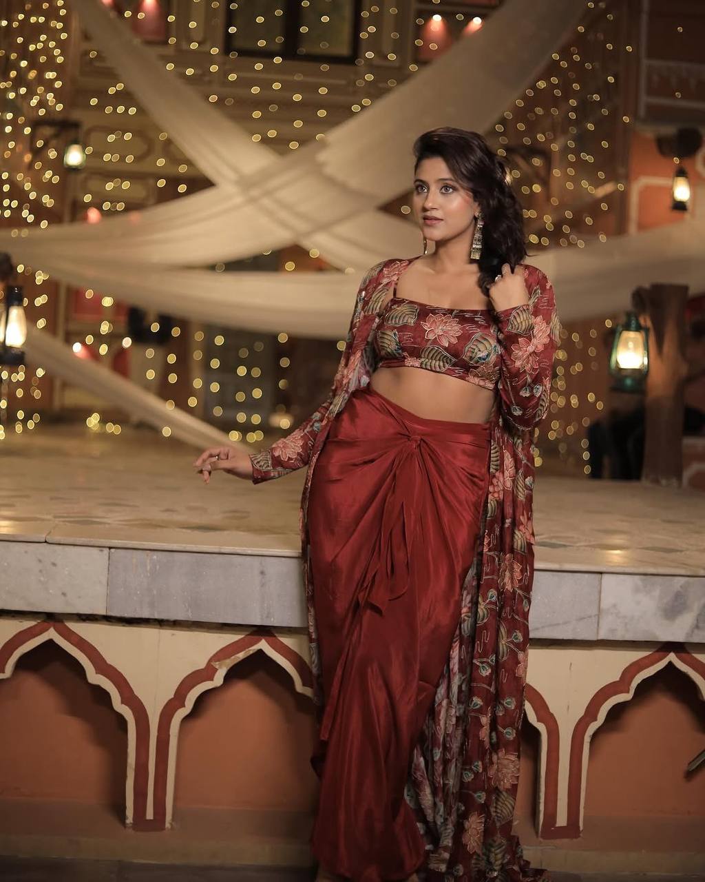 Anjali Red Draped Saree with Floral Jacket
