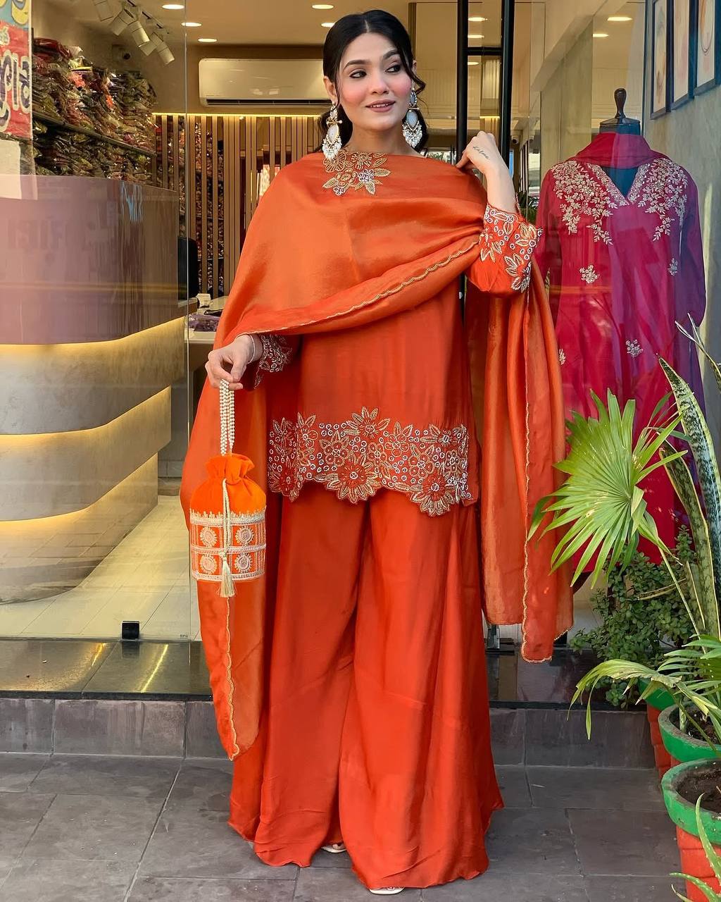 Luxurious Rust Orange Pakistani Suit with Embroidery