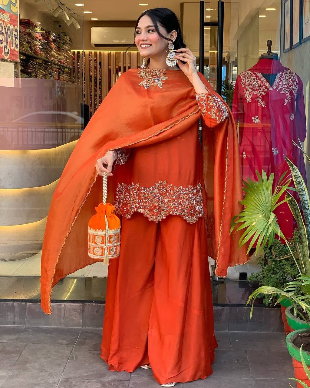 Luxurious Rust Orange Pakistani Suit with Embroidery