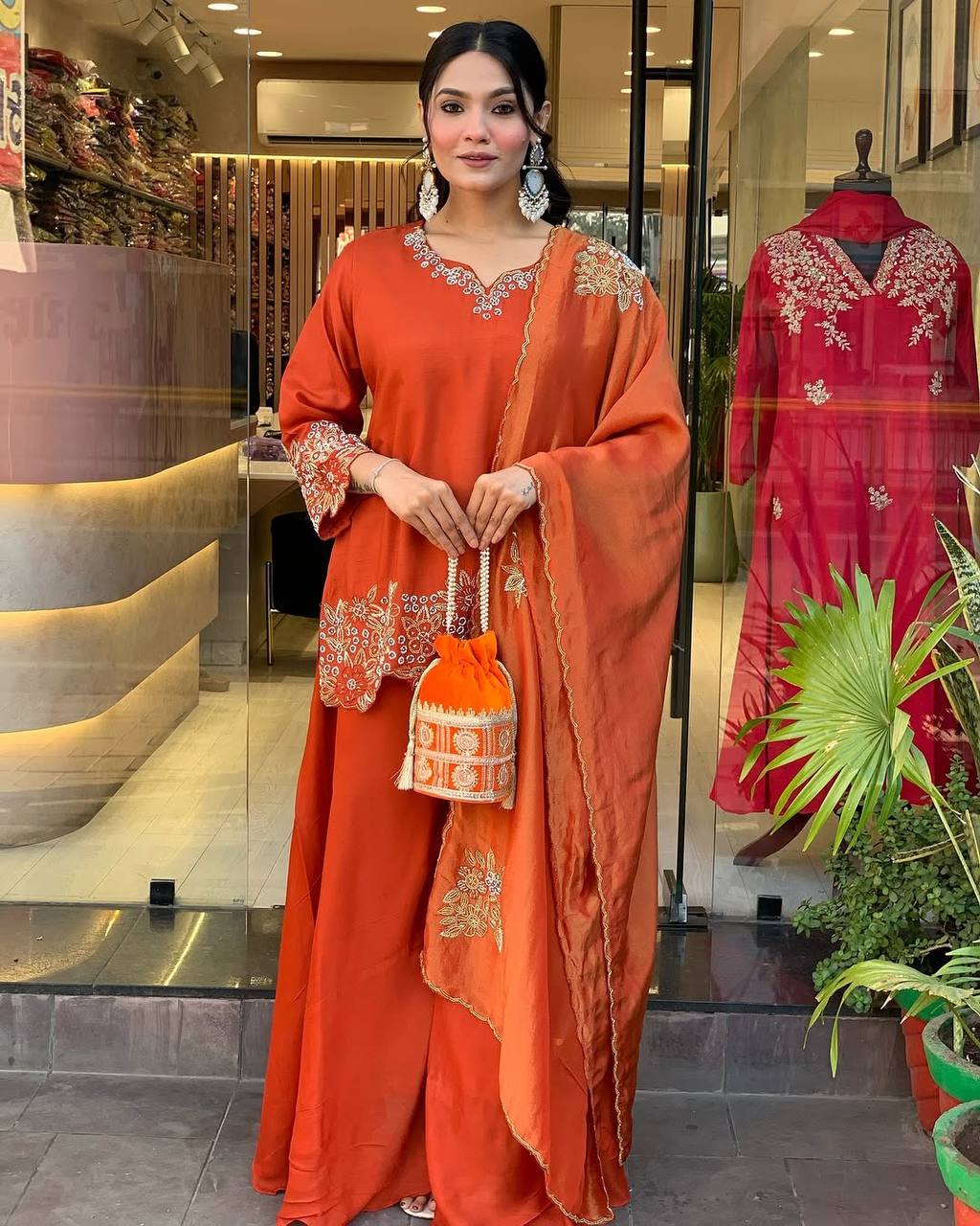 Luxurious Rust Orange Pakistani Suit with Embroidery
