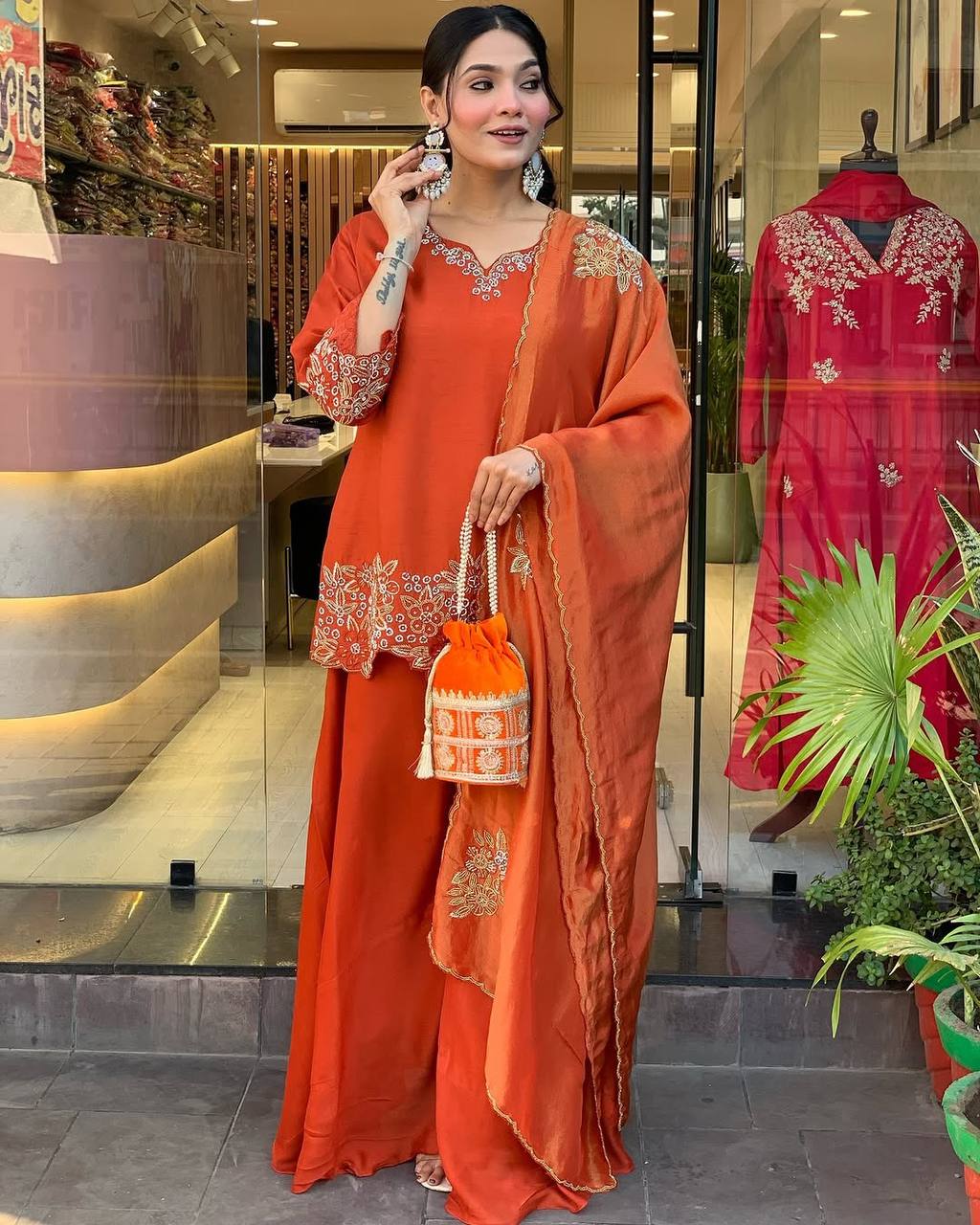 Luxurious Rust Orange Pakistani Suit with Embroidery