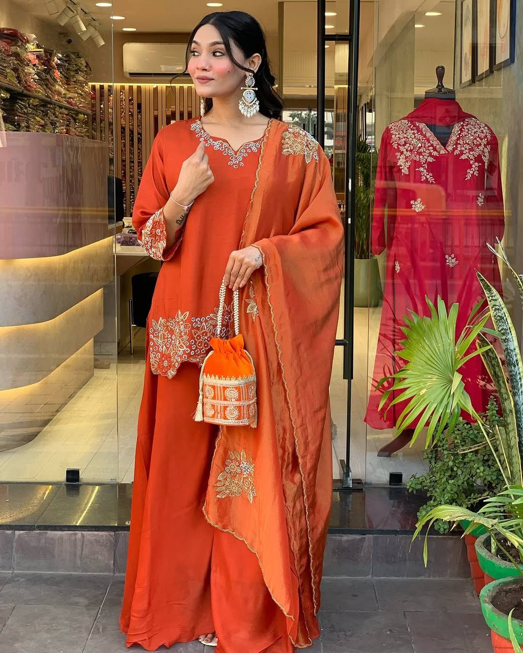 Luxurious Rust Orange Pakistani Suit with Embroidery