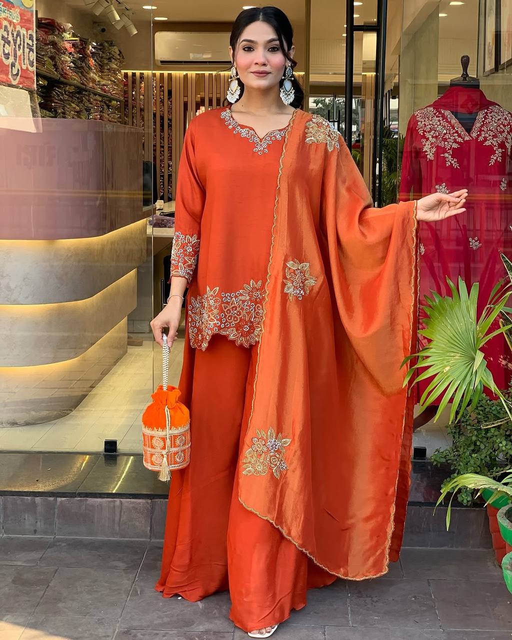Luxurious Rust Orange Pakistani Suit with Embroidery