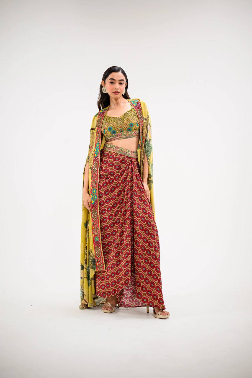 Elegant Printed Cape Set with Embroidered Blouse & Skirt