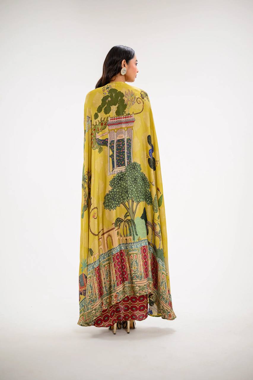 Elegant Printed Cape Set with Embroidered Blouse & Skirt