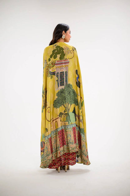 Elegant Printed Cape Set with Embroidered Blouse & Skirt