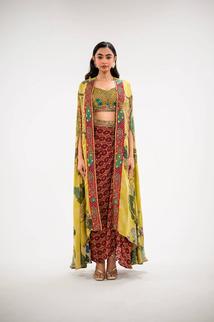 Elegant Printed Cape Set with Embroidered Blouse & Skirt