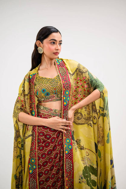 Elegant Printed Cape Set with Embroidered Blouse & Skirt