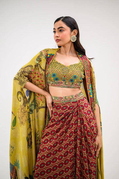 Elegant Printed Cape Set with Embroidered Blouse & Skirt