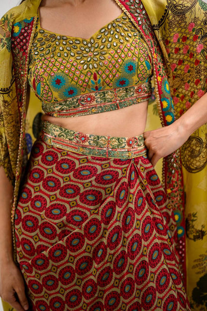 Elegant Printed Cape Set with Embroidered Blouse & Skirt