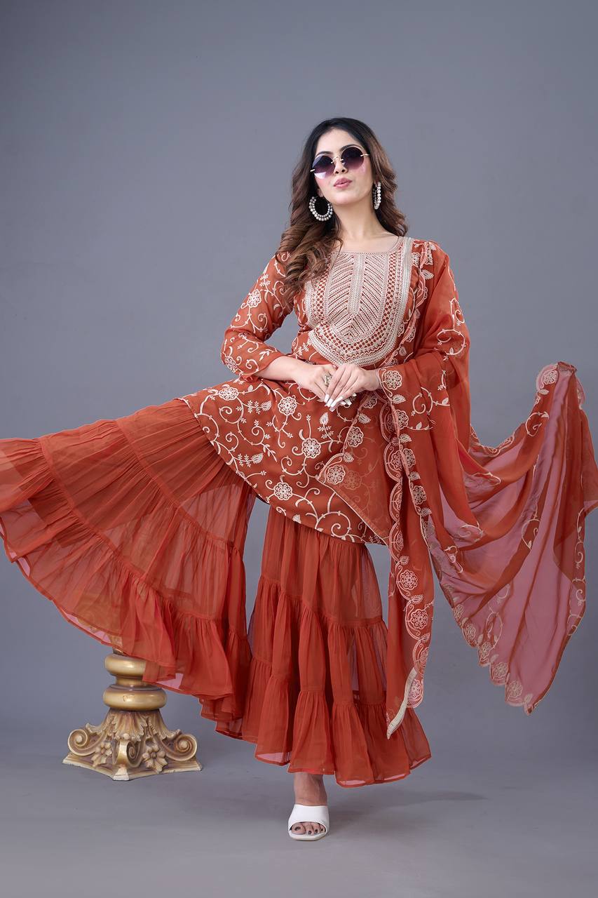 Rust Orange Embroidered Peplum Sharara Set with Dupatta