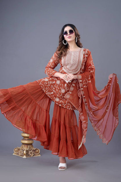 Rust Orange Embroidered Peplum Sharara Set with Dupatta