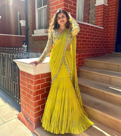 Sunshine Glow Lime Yellow Ruffle Saree with Embellished Blouse
