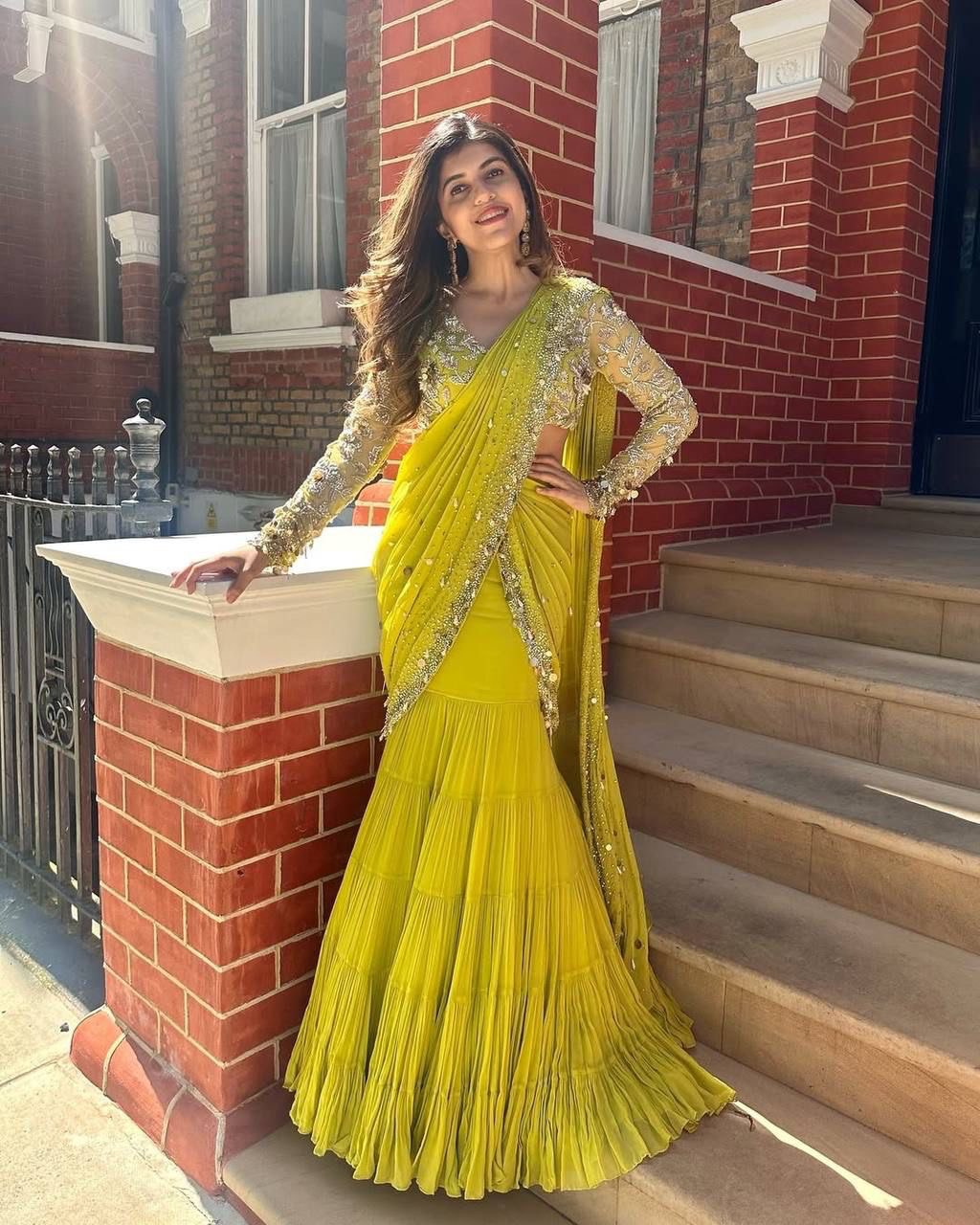 Sunshine Glow Lime Yellow Ruffle Saree with Embellished Blouse